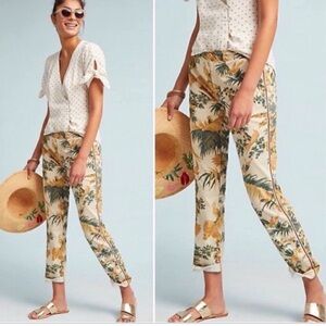 Chino by Anthropologie Tropical Floral Print Pants with Red Side Stripes